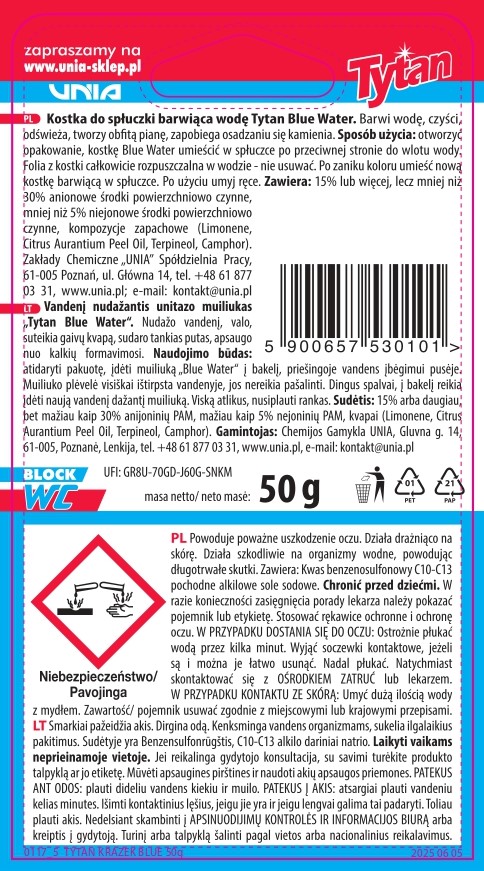 2 x Kostka do spłuczki barwiąca wodę Tytan Blue Water 50 g