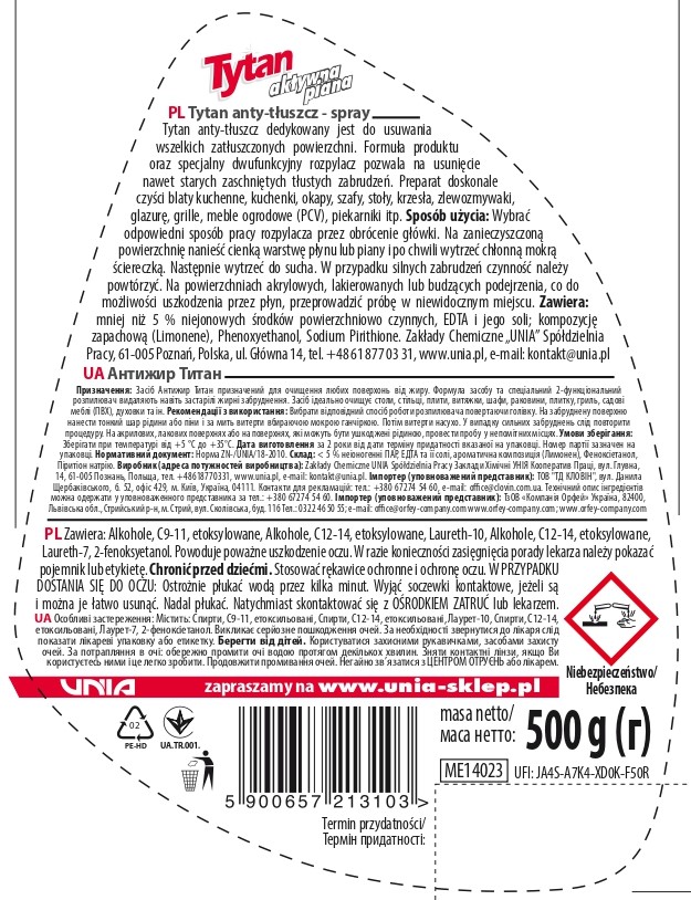 Płyn do czyszczenia i dezynfekcji łazienki Tytan kamień i rdza spray 500 g + Tytan anty tłuszcz spray 500 g