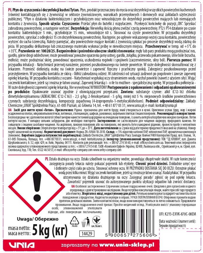 Płyn do czyszczenia i dezynfekcji kuchni Tytan multi funkcyjny 5 kg
