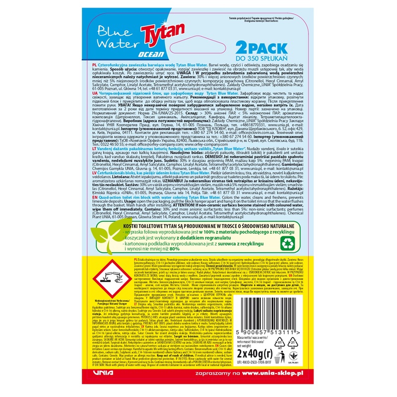 6 x Czterofunkcyjna zawieszka barwiąca wodę Tytan Blue Water Ocean 2 x 40 g