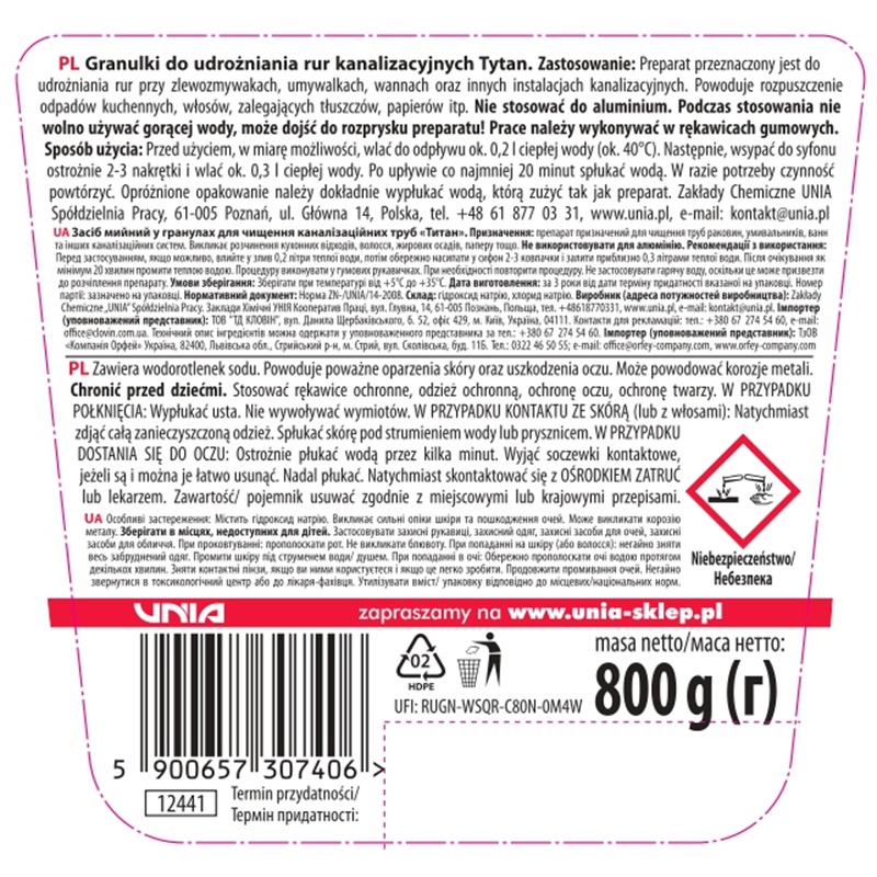 Granulki do udrożniania rur Tytan 800 g + Żel do udrożniania rur Tytan 1 kg