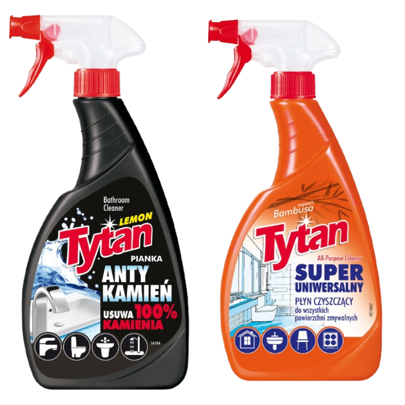 Produkt Pianka do mycia łazienek Tytan anty kamień spray 500 g + Płyn czyszczący Tytan super uniwersalny spray 500 g