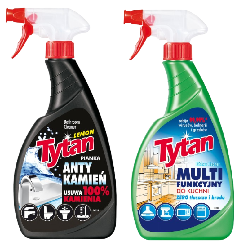 Produkt Pianka do mycia łazienek Tytan anty kamień spray 500 g + Płyn do czyszczenia i dezynfekcji kuchni Tytan multi funkcyjny spray 500 g