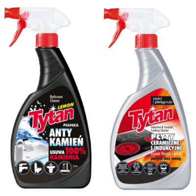 Pianka do mycia łazienek Tytan anty kamień spray 500 g + Płyn do czyszczenia płyt ceramicznych i indukcyjnych Tytan spray 500 g