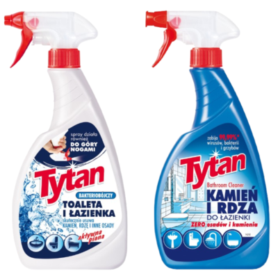 Płyn do czyszczenia i dezynfekcji łazienki Tytan kamień i rdza spray 500 g + Płyn do mycia WC Tytan bakteriobójczy spray działa do góry nogami 500 g