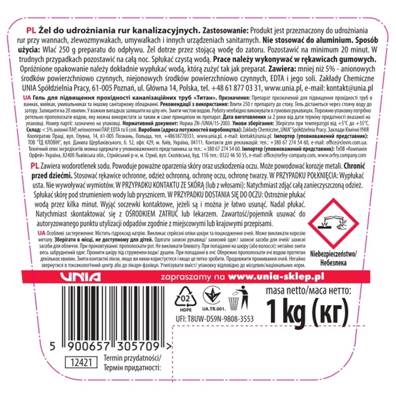 Granulki do udrożniania rur Tytan 800 g + Żel do udrożniania rur Tytan 1 kg