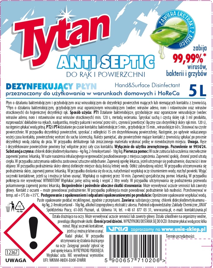 Dezynfekujący płyn do rąk i powierzchni Tytan Anti Septic 5 l