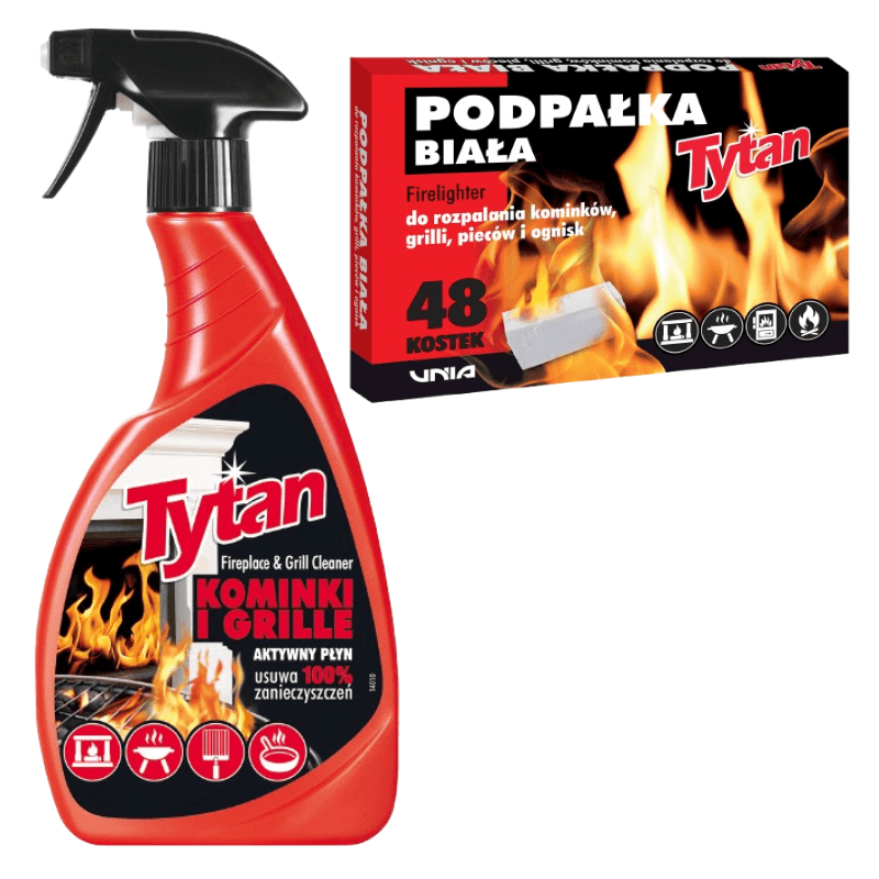 Produkt TYTAN PŁYN DO CZYSZCZENIA GRILLA KOMINKÓW 500g + podpałka biała 48szt