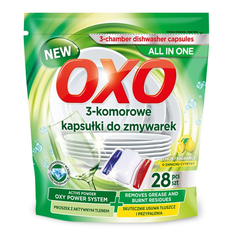 Kapsułki do zmywarki OXO z aktywnym tlenem 28szt cytrynowe 3-komorowe