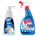 Płyn do czyszczenia i dezynfekcji łazienki Tytan kamień i rdza spray 500 g + Skoncentrowana pianka do mycia naczyń Tajfun zielony ogórek z aloesem 300 g