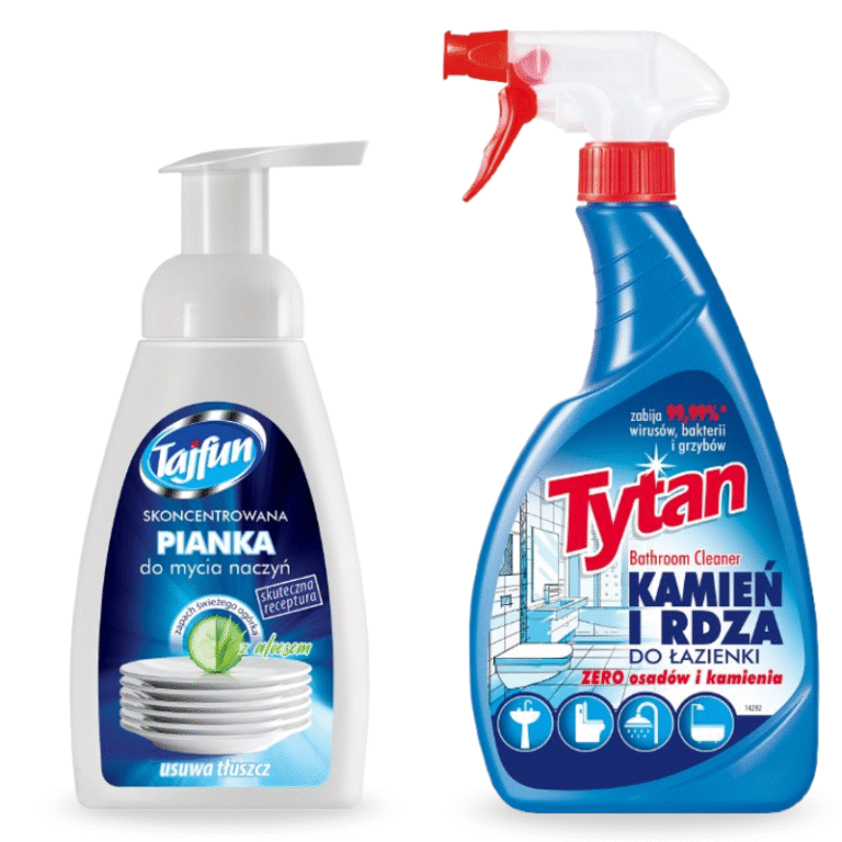 Płyn do czyszczenia i dezynfekcji łazienki Tytan kamień i rdza spray 500 g + Skoncentrowana pianka do mycia naczyń Tajfun zielony ogórek z aloesem 300 g