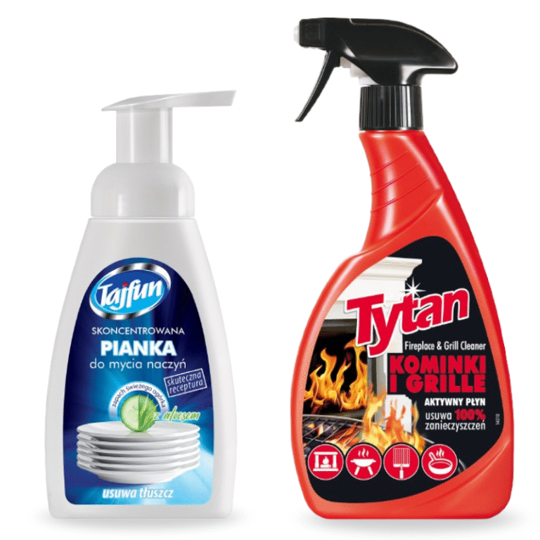Płyn do czyszczenia szyb kominkowych i grilli Tytan spray 500 g + Skoncentrowana pianka do mycia naczyń Tajfun zielony ogórek z aloesem 300 g
