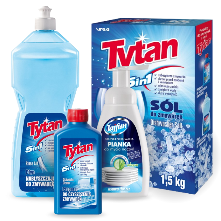 Zestaw do zmywarki i mycia naczyń – sól, preparat, nabłyszczacz, pianka