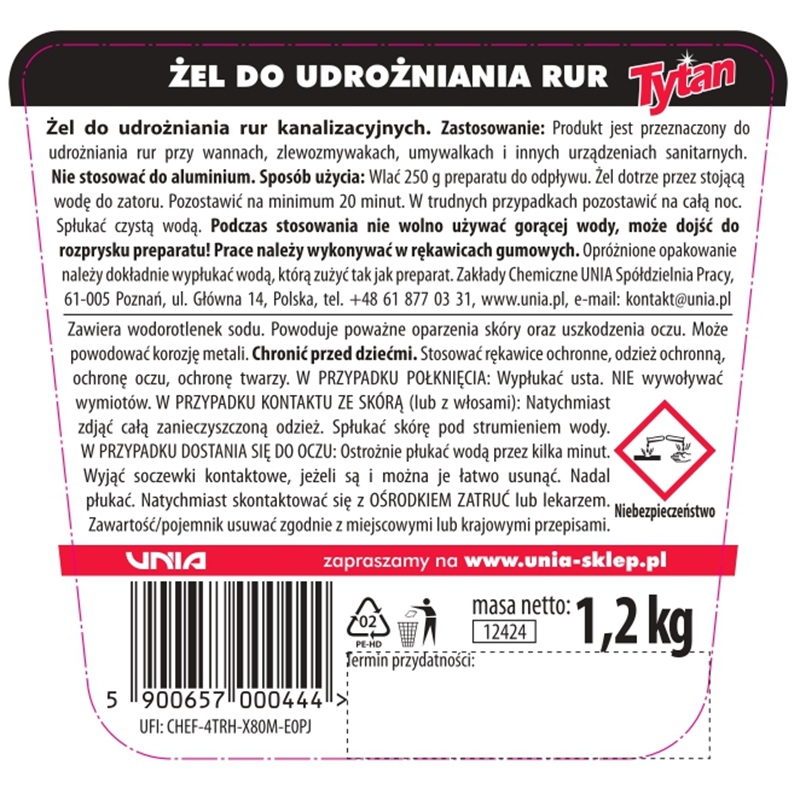 Żel do udrożniania rur TYTAN 1,2 kg