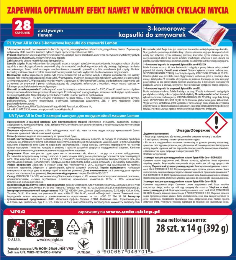 Tytan kapsułki do zmywarki All In One Lemon – 28 szt